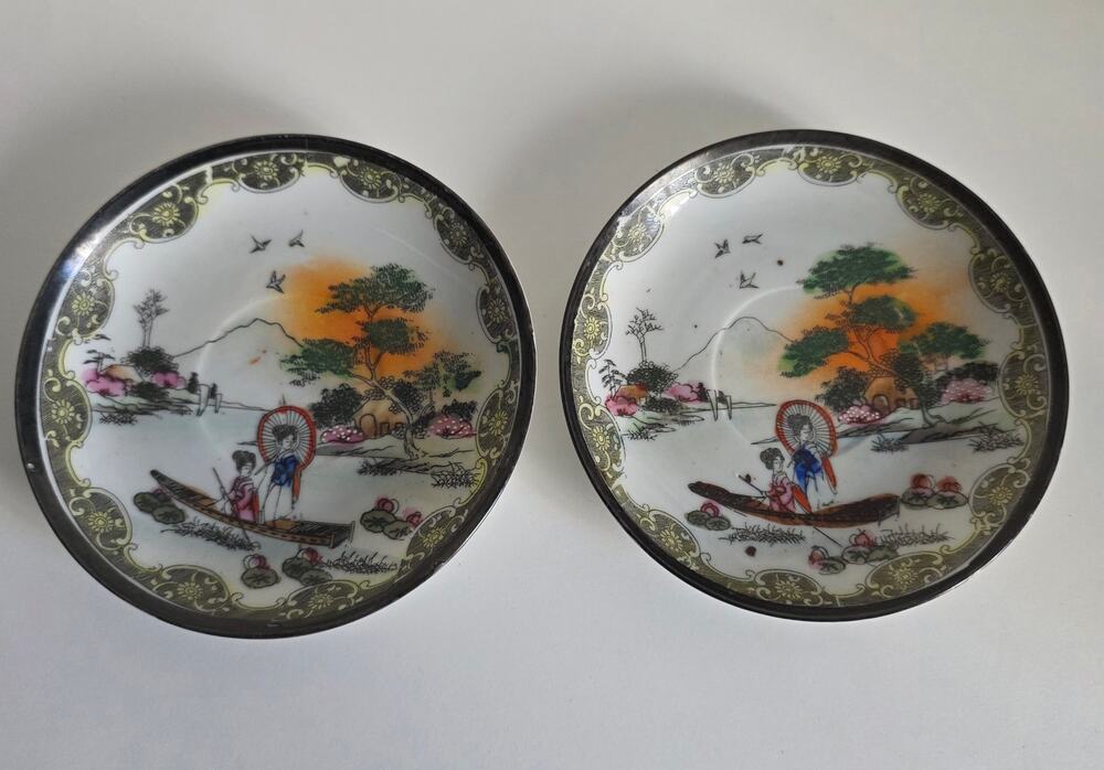 Vintage Hand Painted Made in Japan Porcelain Plates Japanese Scene Pair 5.5"